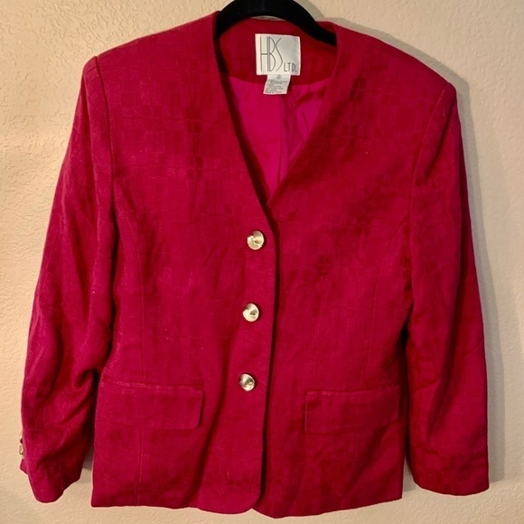 Vintage Blazer 8 HBS Ltd Magenta Checkered pattern Gold-tone Button-Up Classic - Picture 13 of 13